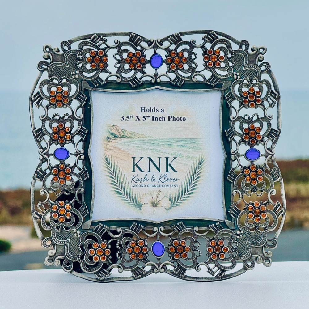 Picture Frame Ornate Filigree Rhinestone Pewter Tone 3.5x5 Silver Blue Amber VTG